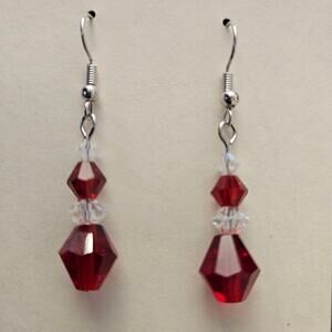 Red and clear faceted glass crystal bicone dangle earrings